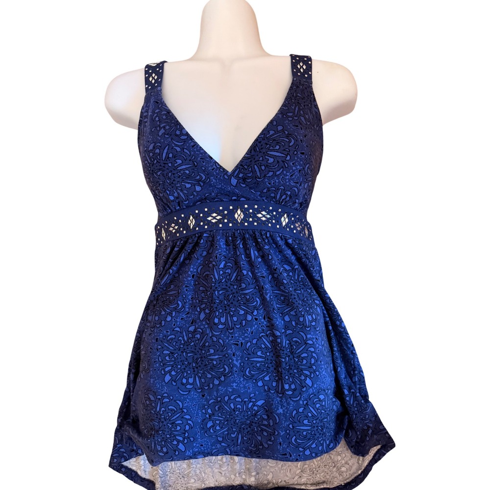 Y2K 2000s style Cynthia Rowley Blue Floral‎ Studded Empire Waist/babydoll top
